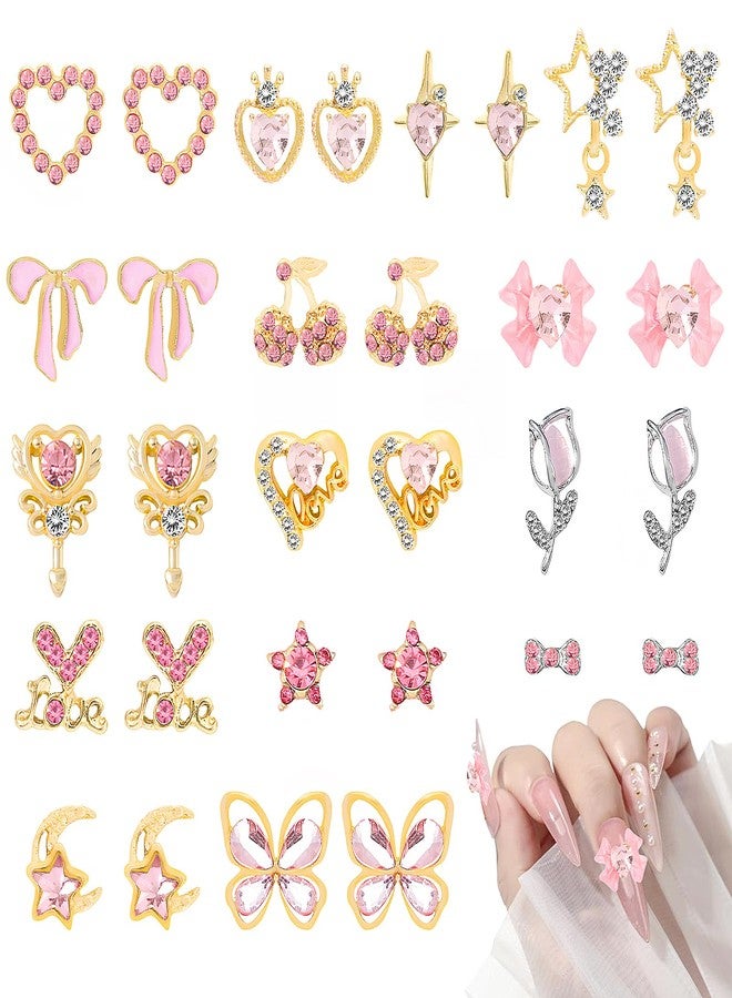 SUBANG 30 Pieces Nail Charms Gold and Pink Rhinestone Charms Nail Gems 3D Heart Star Bow Cherry with Rhinestones Y2K Nails Art Supplies for Nails DIY Decor Face Makeup - Image 1